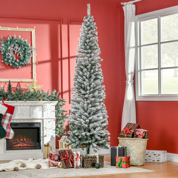 English Elm Homcom 7.5' Snow-Flocked Slim Artificial Christmas Tree - Realistic Branches, Easy Setup & Storage! W2225P249660