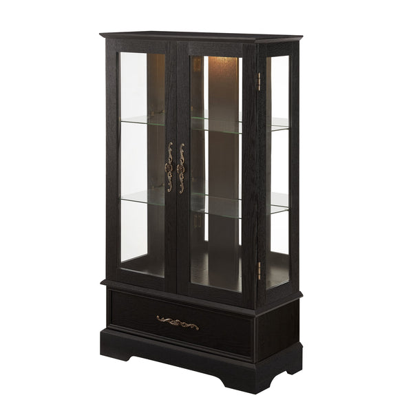 English Elm Lighted Curio Cabinet With Adjustable Shelves & Built-In Drawer - Elegant Display With Lighting, Black W1758P297549