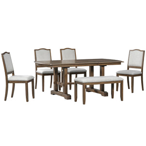 English Elm 6-piece Extendable Wood Dining Set with Linen Upholstered Chairs Bench Seats Eight Beige+Brown N752S000097D