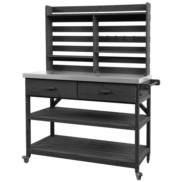 English Elm K&K 64.9" Outdoor Potting Bench with 1.2" Stainless Steel Top, Lockable Wheels, Hutch & Drawers Black N707P228274B