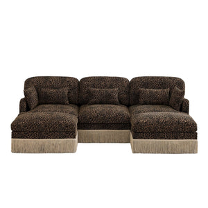 English Elm 100"comfy Chenille Leopard Print U-shaped Sectional with Tassel Trim and Modular Ottomans Brown W5656S00015