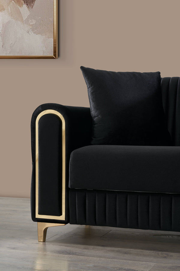 English Elm Melody Velvet Upholstered Sleeper Sofa with Gold Accents, Vertical Channel Tufting, Modern Convertible 92" Black B009S01832