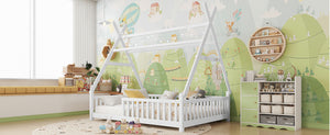 English Elm Full House Kids House Bed with Roof & Fence, Low Floor Solid Pine Frame, Stylish Nightlight Ready White 80.91 L x 15.55 W x 6.5 H W2593P296919