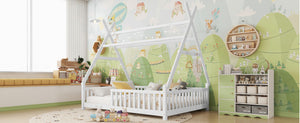 English Elm Twin Montessori Floor Bed House Frame with Led Lighting and Safety Rails for Kids White W2593P440589
