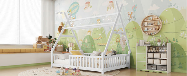English Elm Twin Montessori Floor Bed House Frame with Led Lighting and Safety Rails for Kids White W2593P440589
