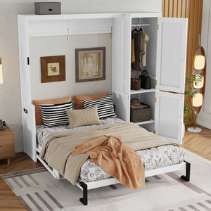 English Elm Queen Murphy Wall Bed with Integrated Desk Gas Strut Lift White Cabinet for Small Spaces W504S00271