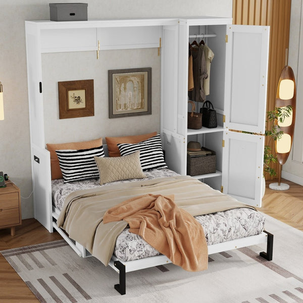English Elm Queen Murphy Wall Bed with Integrated Desk Gas Strut Lift White Cabinet for Small Spaces W504S00271