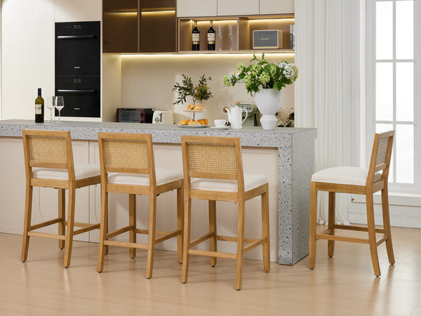 English Elm Full Solid Wood Rattan-Back Bar Stools Set Of 2 - Stylish Beige Cushions For Rustic Kitchen & Café W1143P384367