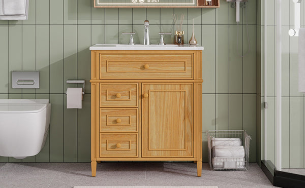 English Elm 30" Pine Wood Bathroom Vanity with Ceramic Sink Soft Close Drawers and Vintage Knobs N725P375498N