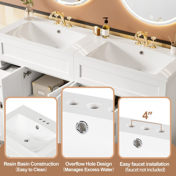 English Elm [video] 60 Inch Dual Sink Bathroom Vanity Mdf Cabinet Soft Close Doors Resin N729P000018K