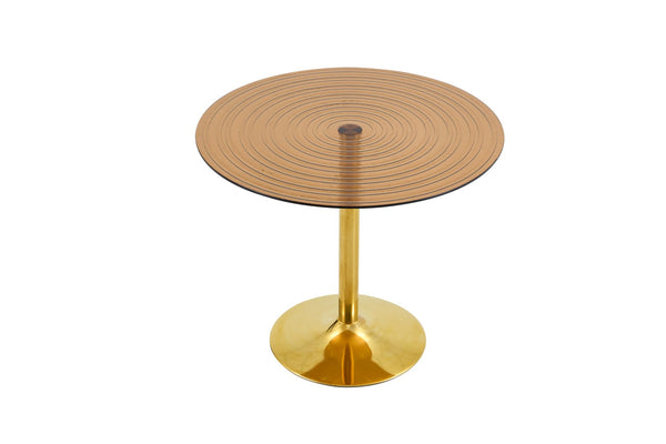 English Elm 35 Inch Round Brown Tempered Glass Dining Table with Gold Column Pedestal Base W1151P453154