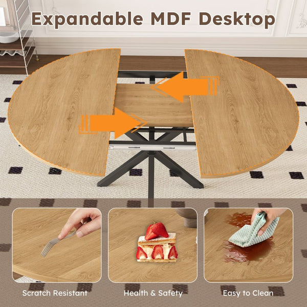 English Elm Extendable Round Oak Finish Dining Table Seats Six with Steel Base Modern Kitchen W2700P420811