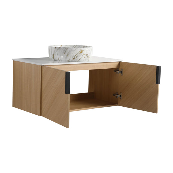 English Elm 36" Modern Bathroom Vanity With Ceramic Sink & Stone Slab, Wall-Mounted, Soft-Close Doors, Oak Finish W999S00450