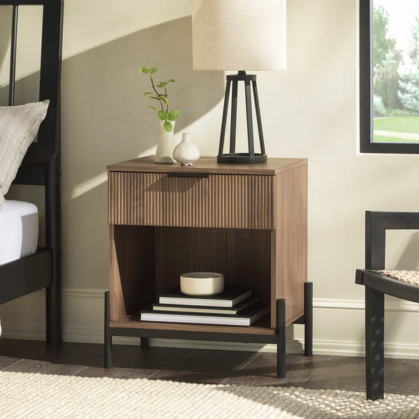 English Elm Walker Edison - Modern Fluted-Drawer Nightstand with Open Cubby in Mocha — Boho MDF, Warp-Resistant, Minimalist Legs B185P168924