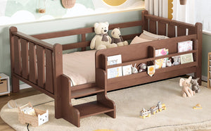 English Elm Twin Pine Floor Bed for Kids with Side Bookcases Built-in Stairs and Safety Guardrails Natural W1580P390215