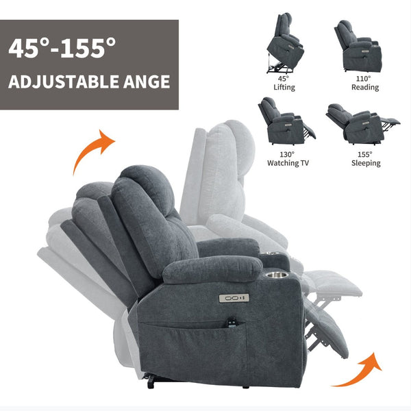 English Elm Up to 350 Lbs Chenille Power Lift Recliner with Massage Heating and Usb Charging Ports Grey W3224S00025