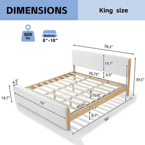 English Elm King Platform Bed Natural Wood Frame Beige Upholstered Low Profile No Box Spring N758K909697N
