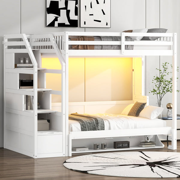 English Elm Full XL Loft Bed with Storage Staircase & Murphy Bed, Solid Pine, LED Light, Space-Saving White N7090004017K