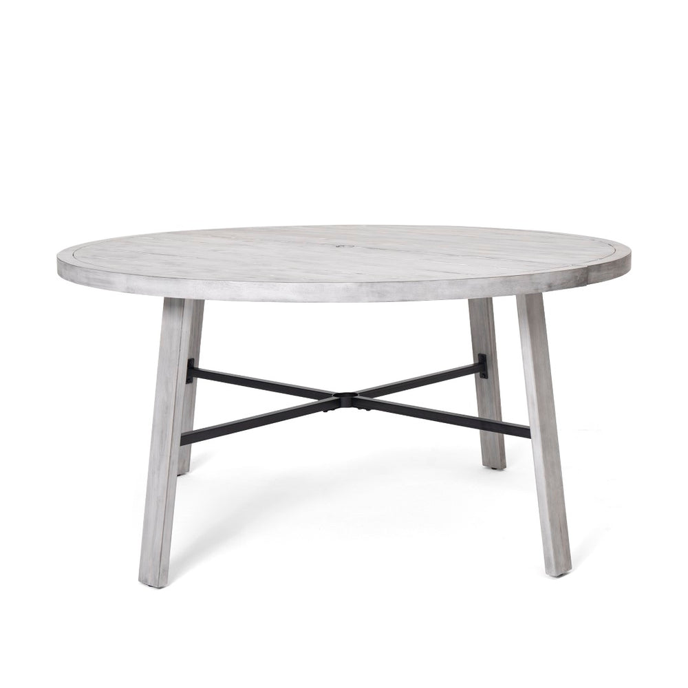 English Elm Outdoor Acacia Hardwood Dining Table with Umbrella Hole Iron Base Seats Six WF321703AAE