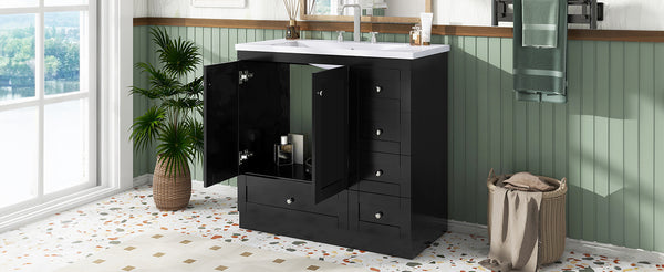 English Elm 36 Inch Shaker Style Free-Standing Bathroom Vanity Cabinet with Resin Sink, Soft-Close Storage Elegance Black SV000021AAB