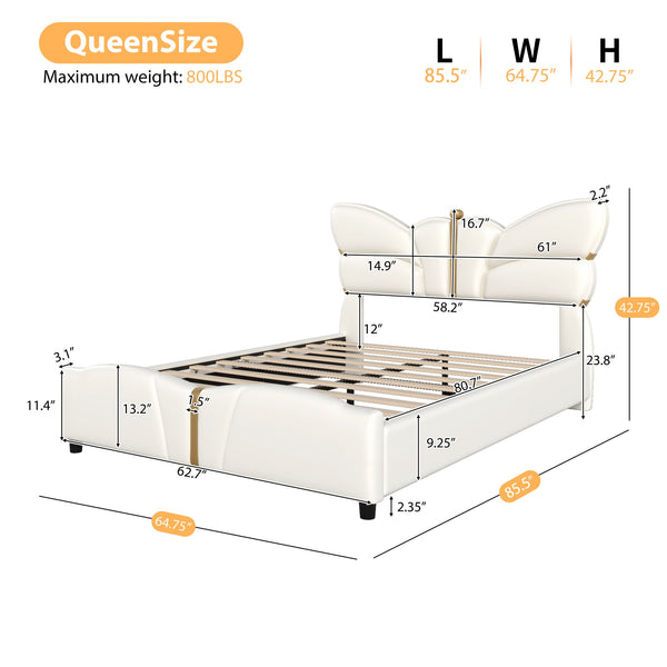 English Elm Christopher Knight Home® - Queen Plush Leather Upholstered Bed Frame with Wingback Headboard, Wavy Footboard, Quiet Support Beige 82 L x 10 W x 3.25 H N761S0000019W