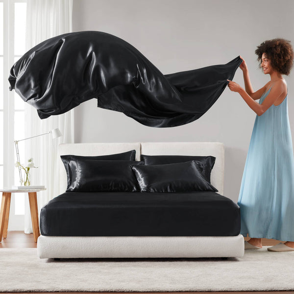 English Elm 7 Luxury Split King 7-Piece Black Satin Sheet Set – 100% Polyester, Deep Pockets, Silky Smooth Feel B035P319698