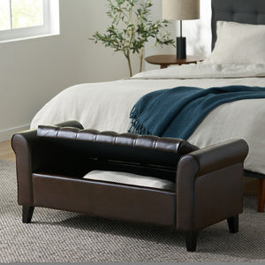 English Elm Brown Tufted Linen Storage Bench with Rolled Arms for Bedroom or Entryway N770P372389D