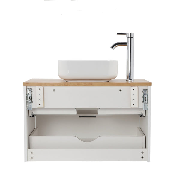 English Elm 32-Inch Wall-Mounted Bathroom Vanity: Modern White Cabinet, Solid Wood Top, Double Drawer Storage W3151S00012