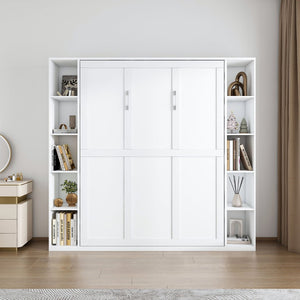 English Elm Queen Murphy Bed Foldable Wall Unit with Side Cabinets and Solid Wood Slat Support W509S00152