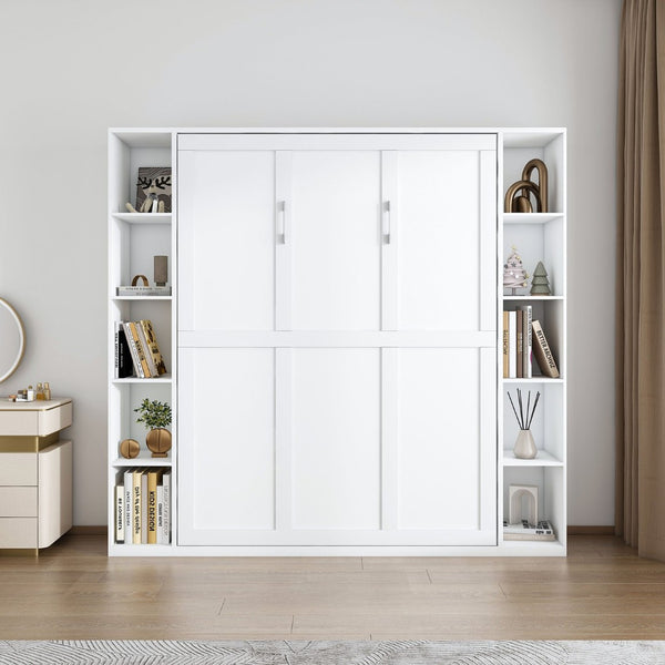 English Elm Queen Murphy Bed Foldable Wall Unit with Side Cabinets and Solid Wood Slat Support W509S00152