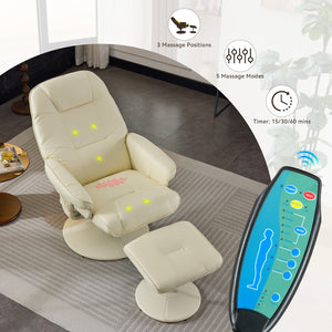 English Elm 011-Massage Recliner Chair with Ottoman, 360° Swivel PU Leather, 5-Point Vibration Massage, Heated Seat, 140° Backrest Comfort Beige W2636P262427
