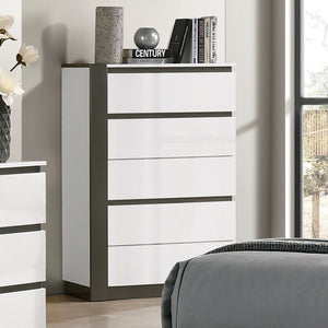 English Elm Contemporary Modern Two-Tone Chest with Concealed Pulls, High-Gloss Finish and Asymmetric Design Metallic Grey,White 35 L x 21 W x 52 H B2741P380257