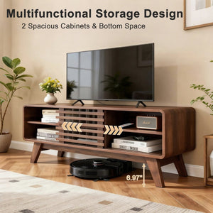 English Elm Tv Stand with Louvered Sliding Doors Tapered Legs Walnut Media Console W3204P465917