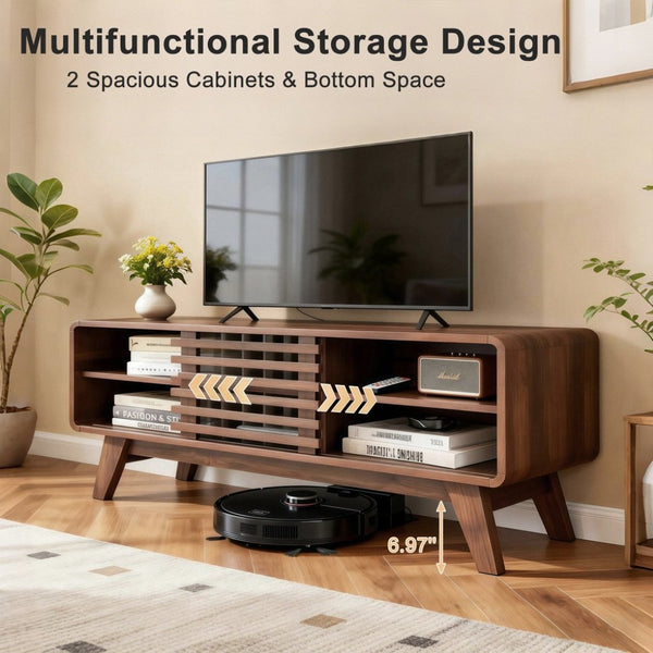 English Elm Tv Stand with Louvered Sliding Doors Tapered Legs Walnut Media Console W3204P465917
