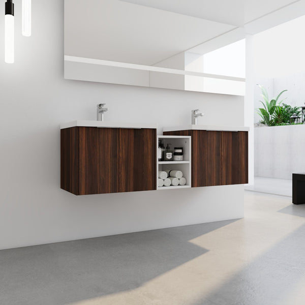 English Elm 60 Inch Wall Mounted Vanity with Dual Resin Sinks, Soft Close Doors, Metal Handles & Shelves Durable Finish California Walnut W999S00187