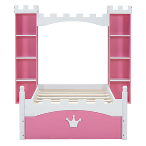 English Elm Castle-Shaped Twin Bed with Crown Footboard and Built-In Shelves, Sturdy MDF/Pine Frame for Kids Pink+White 56.69 L x 17.72 W x 5.51 H N733S177379H