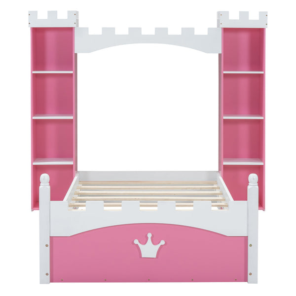 English Elm Castle-Shaped Twin Bed with Crown Footboard and Built-In Shelves, Sturdy MDF/Pine Frame for Kids Pink+White 56.69 L x 17.72 W x 5.51 H N733S177379H