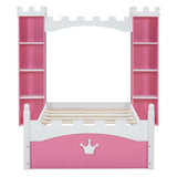 English Elm Castle-Shaped Wooden Bed With Storage Shelf, Dreamy Twin Size Platform Bed For Kids Bedroom, Pink+ White(Expected Arrival Time:8.14)