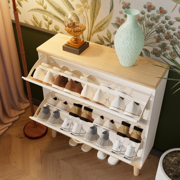 English Elm Shoes Storage Cabinet Slim Flip Door Entryway Organizer with Natural Wood Legs 16 Pairs W3166P268388
