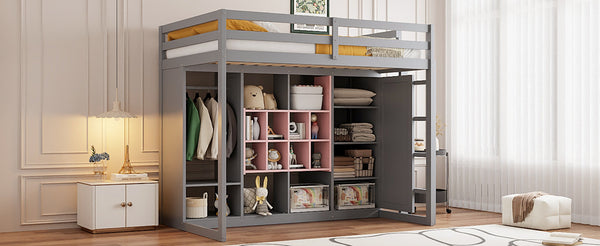 English Elm Twin Loft Bed with Wardrobe Shelves and Cabinet Kids Bedroom Wood Storage Frame Pink+Grey N708S00023E