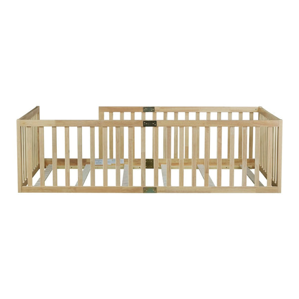 English Elm Twin Montessori Floor Bed Solid Rubber Wood with Safety Fence Rails Toddler Room W504P411197