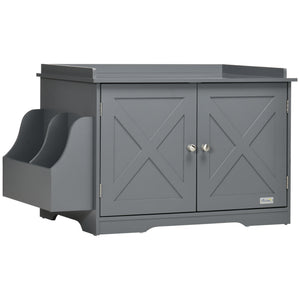 English Elm PawHut Farmhouse Hidden Cat Litter Box End Table with Magnetic Doors, Wide Storage & Side Shelf Grey W2225P229313
