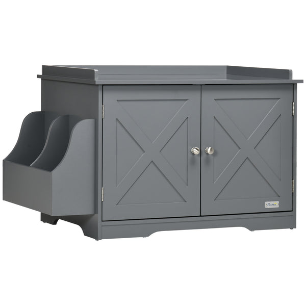 English Elm PawHut Farmhouse Hidden Cat Litter Box End Table with Magnetic Doors, Wide Storage & Side Shelf Grey W2225P229313