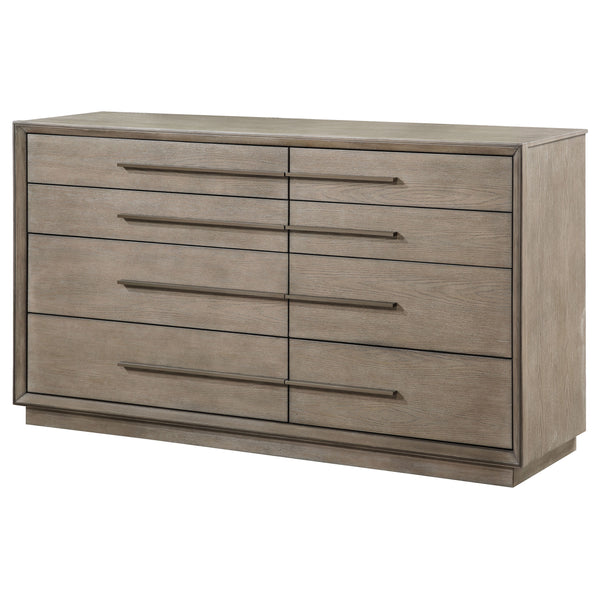 English Elm Prescott Transitional Taupe Oak 8-Drawer Dresser with Asymmetric Centerline, Extra-Long Bar Pulls B062P376000