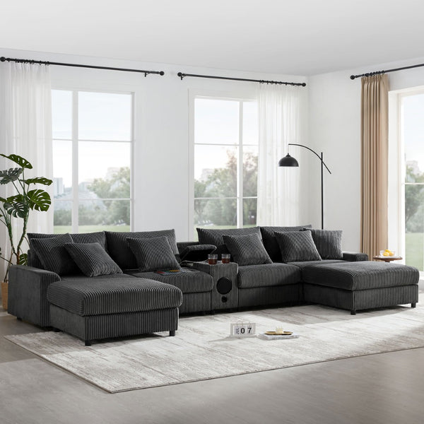 English Elm [video]141.5*64'' Corduroy U-shaped Sectional with Bluetooth Speakers and Ottoman N723S0756E