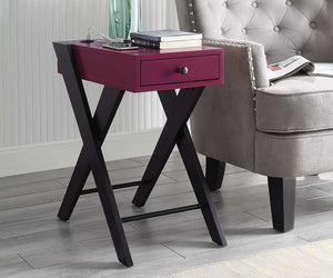 English Elm Fierce Burgundy Accent Table with USB Port, Drawer & Black X-Leg Design for Modern Living Rooms B2726P243238