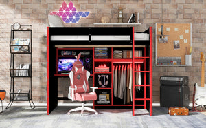 English Elm Full Size Loft Bed with Rgb Lighting Desk Open Wardrobe and Storage for Gaming Rooms Red LT000277AAR