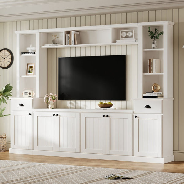 English Elm Minimalist Modular Wall Unit Four Piece Entertainment System Fits Tvs up to 75 Inches White SD000031AAK