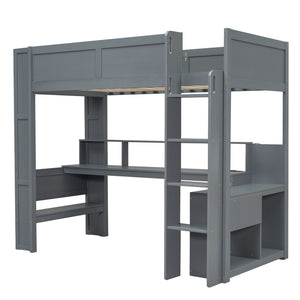 English Elm Wood Twin Loft Bed with Desk Led Lighting Charging Ports and Multi-zone Storage SM000373AAE