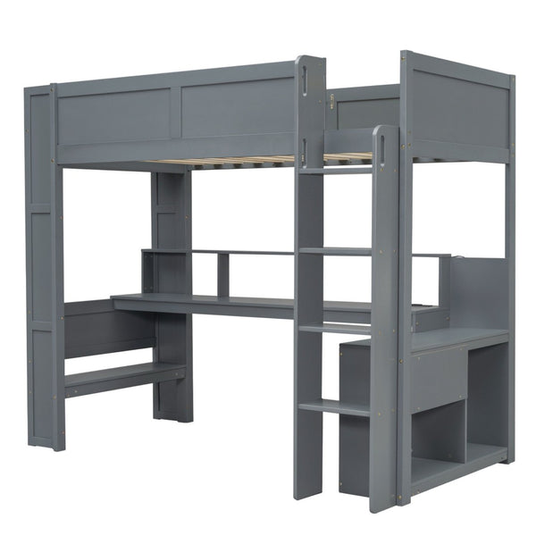 English Elm Wood Twin Loft Bed with Desk Led Lighting Charging Ports and Multi-zone Storage SM000373AAE